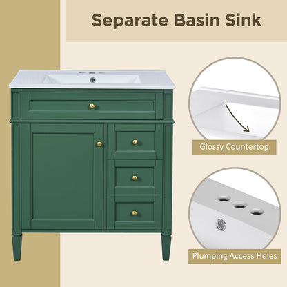 30-inch Deep Green Freestanding Bathroom Vanity with Flip-Out Tray-sink details