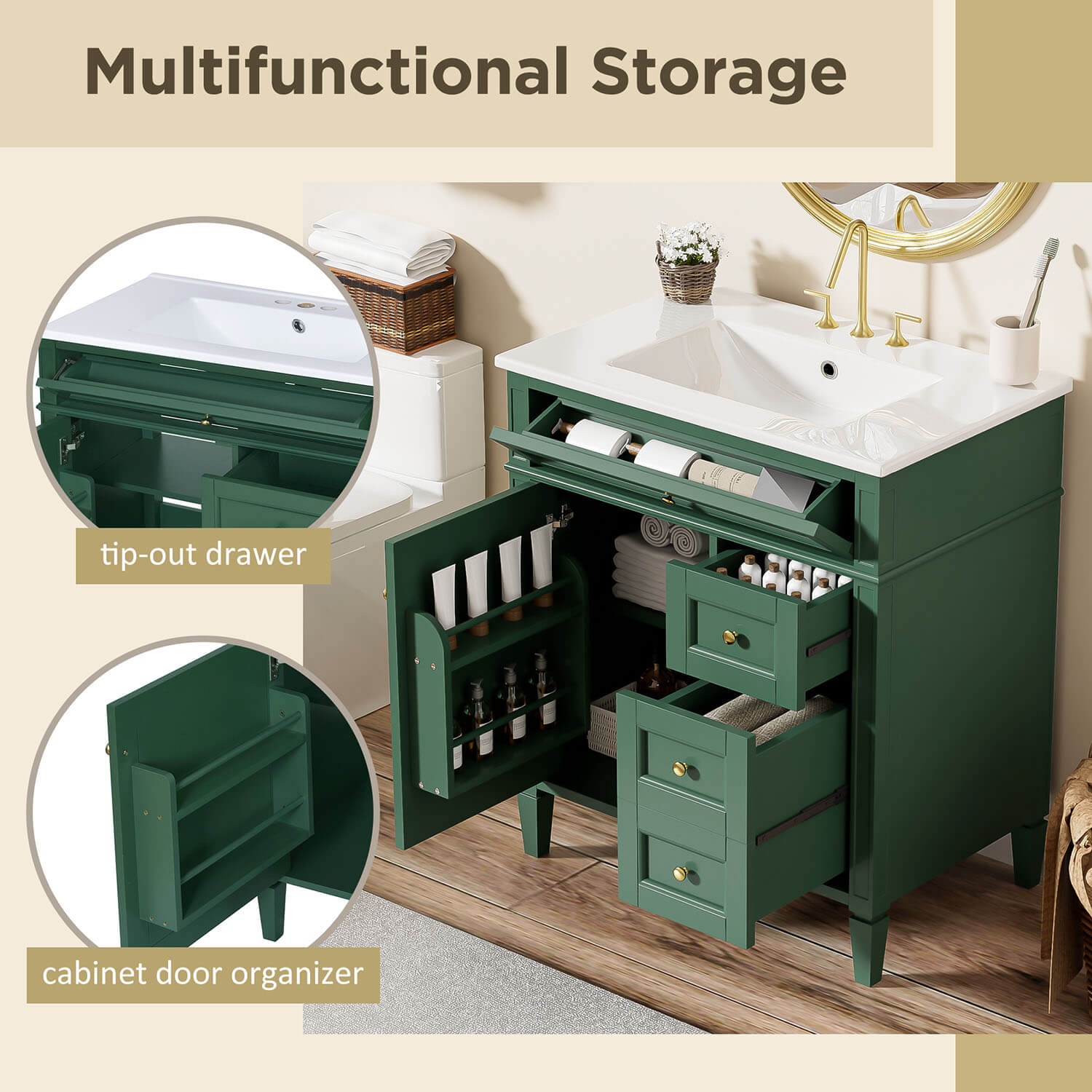 30-inch Deep Green Freestanding Bathroom Vanity with Flip-Out Tray-storage
