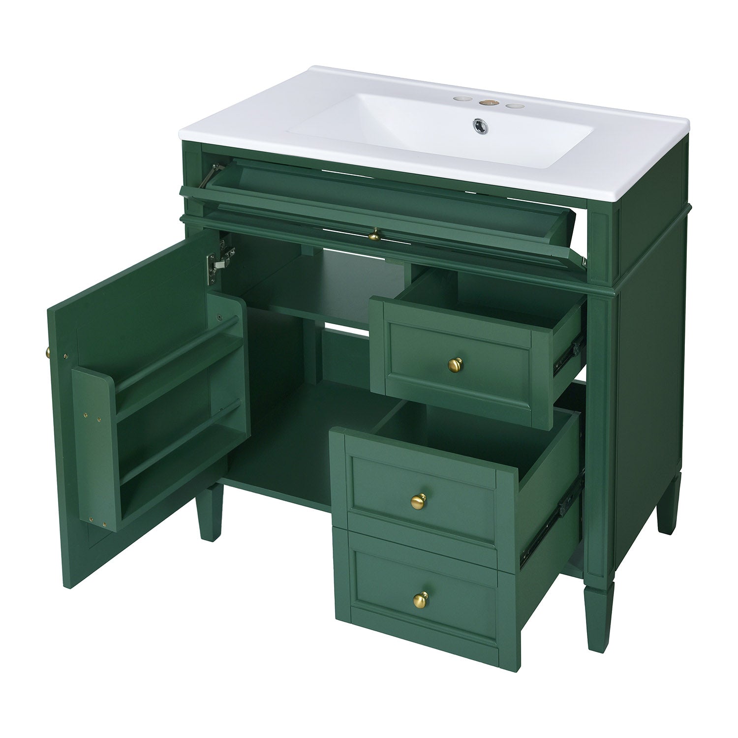 30-inch Deep Green Freestanding Bathroom Vanity with Flip-Out Tray-storage display