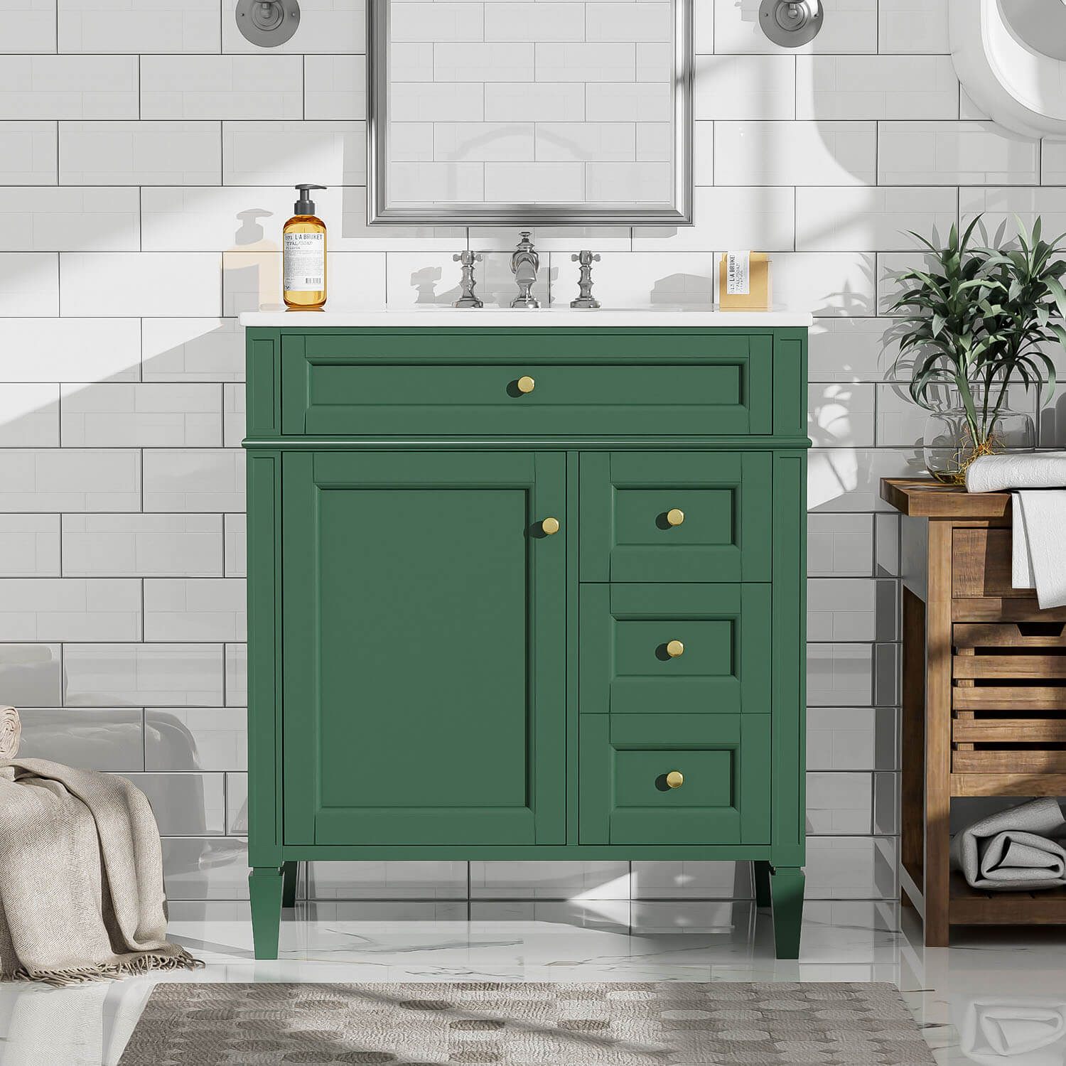 30-inch Deep Green Freestanding Bathroom Vanity with Flip-Out Tray