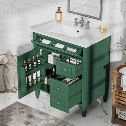 30-inch Deep Green Freestanding Bathroom Vanity with a Flip-Out Tray