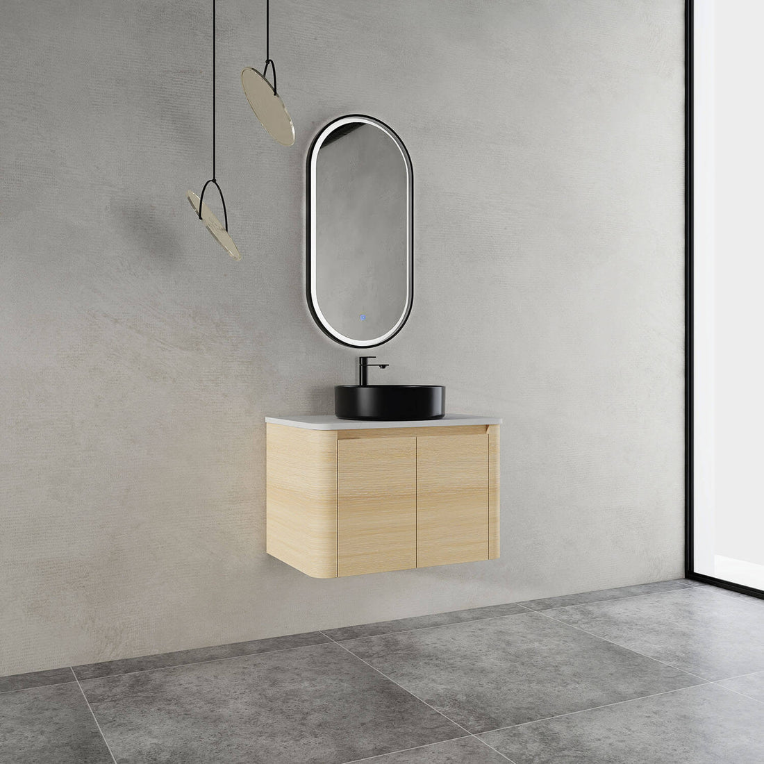 30-inch White Oak Bathroom Vanity with Black Ceramic Vessel Sink