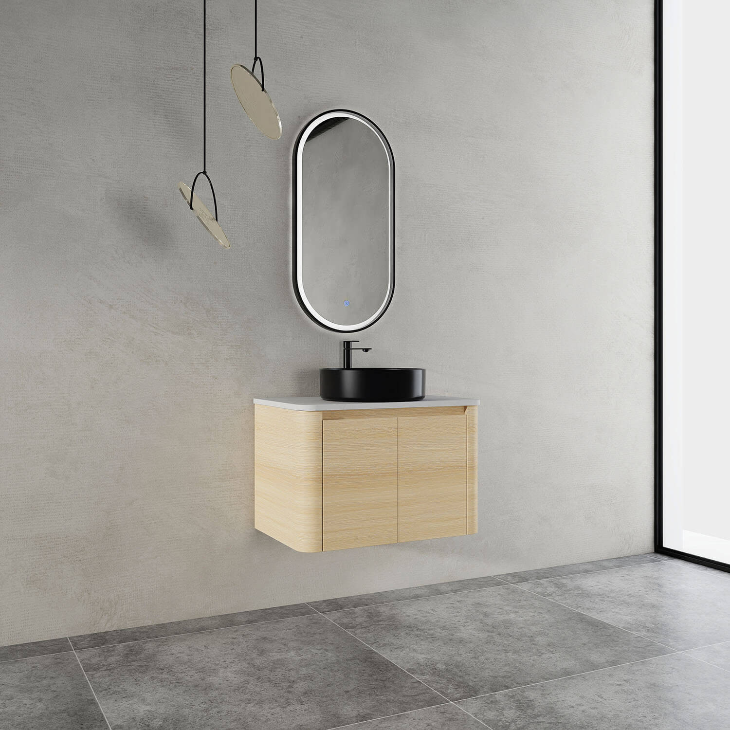 30-inch White Oak Bathroom Vanity with Black Ceramic Vessel Sink