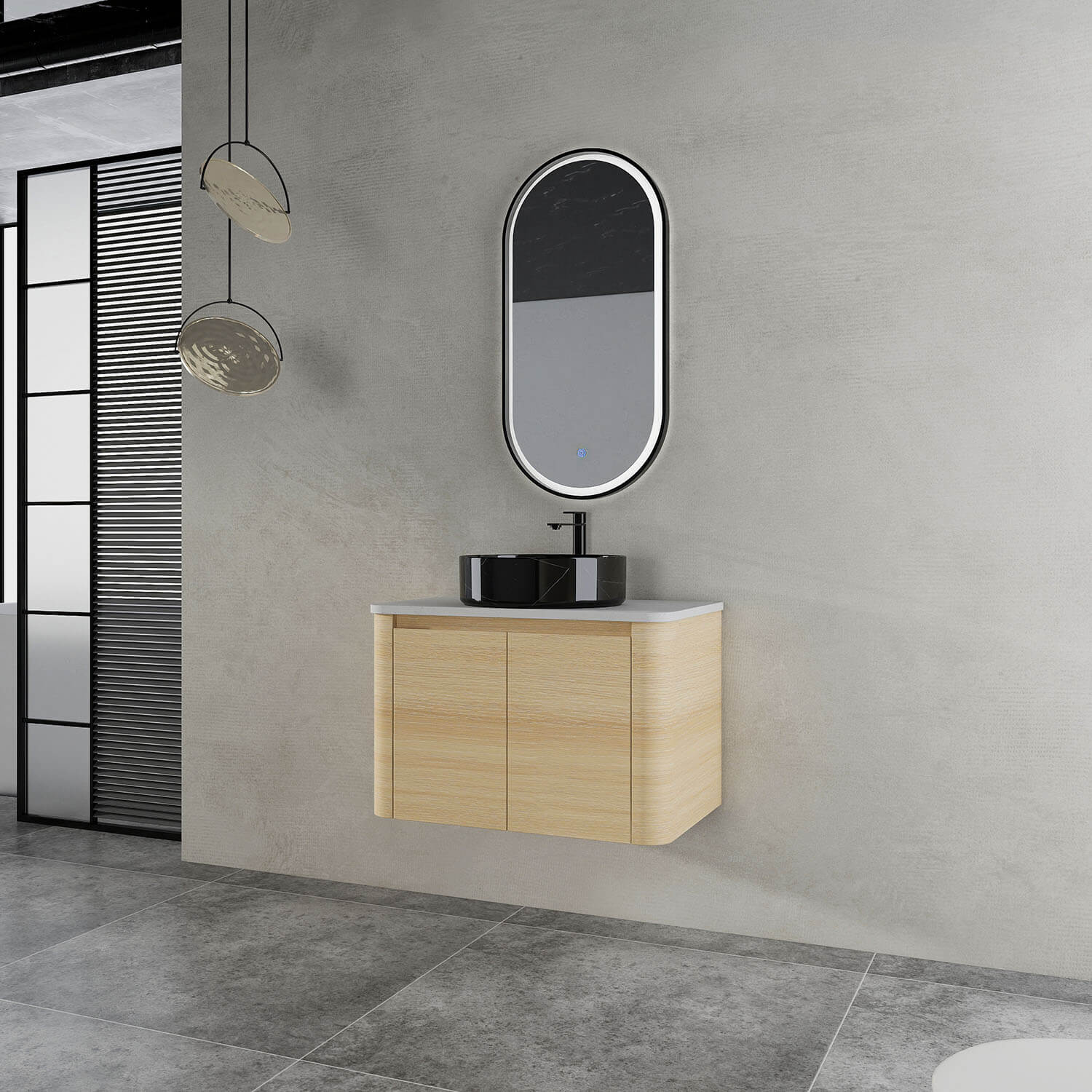 30-inch White Oak Bathroom Vanity with Black Marble Texture Ceramic Vessel Sink