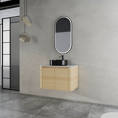 30-inch White Oak Bathroom Vanity with Black Marble Texture Ceramic Vessel Sink