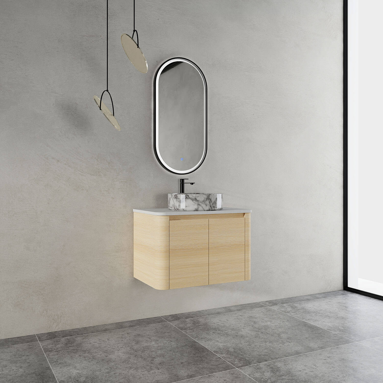 30-inch White Oak Bathroom Vanity with Marble Pattern Ceramic Vessel Sink