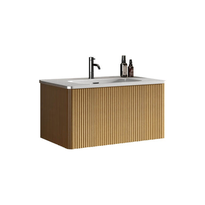 30-inch floating oak bathroom vanity with ceramic sink