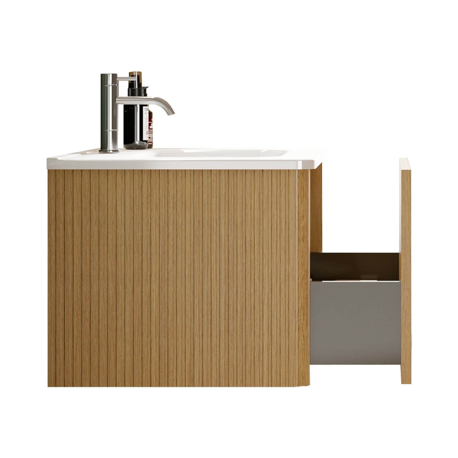 30-inch wall-mounted oak vanity with drawer storage