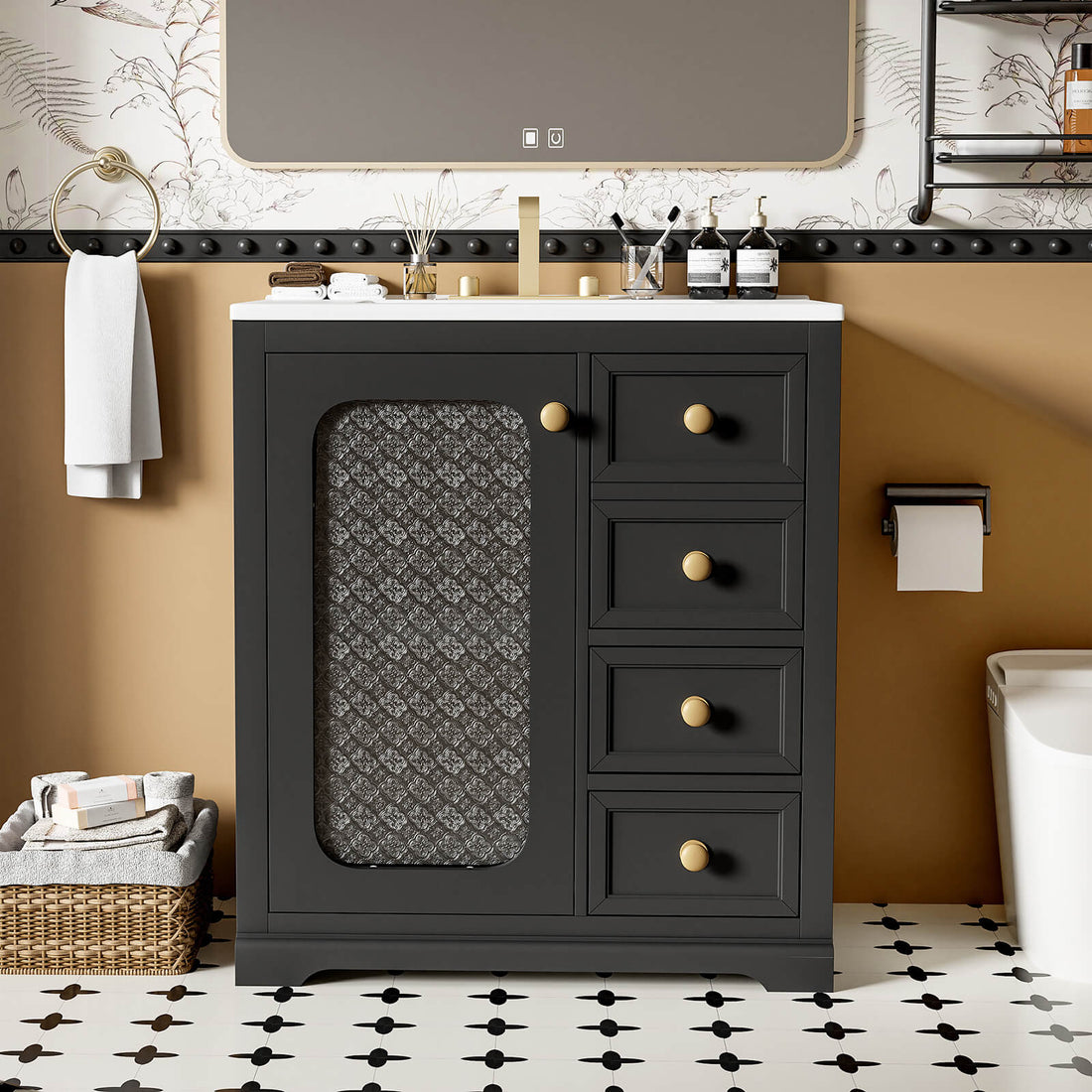 30 INCH Black Bathroom Vanity with Frosted Glass Door