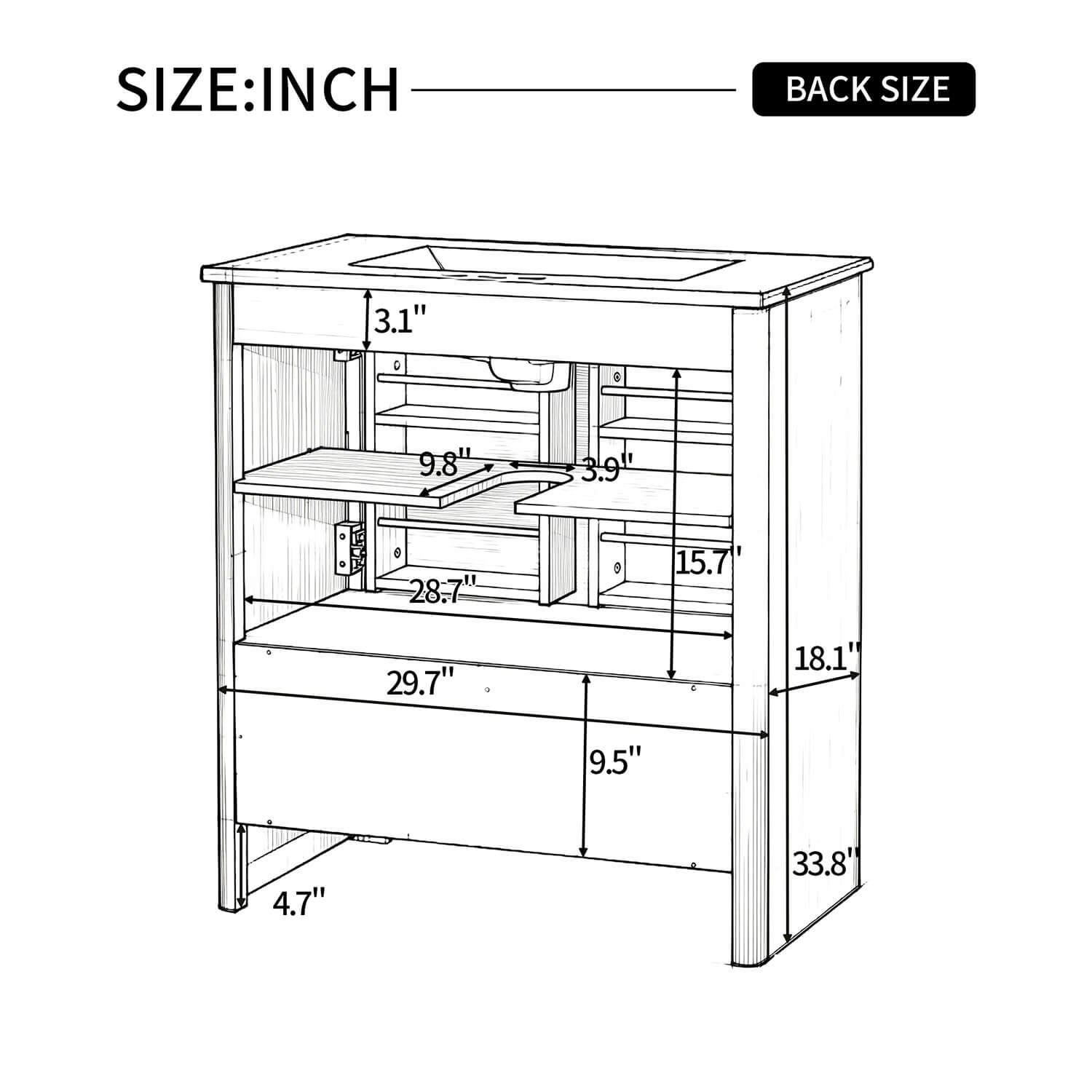 30 inch Bathroom vanity back panel size technical drawing with measurements