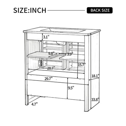 30 inch Bathroom vanity back panel size technical drawing with measurements