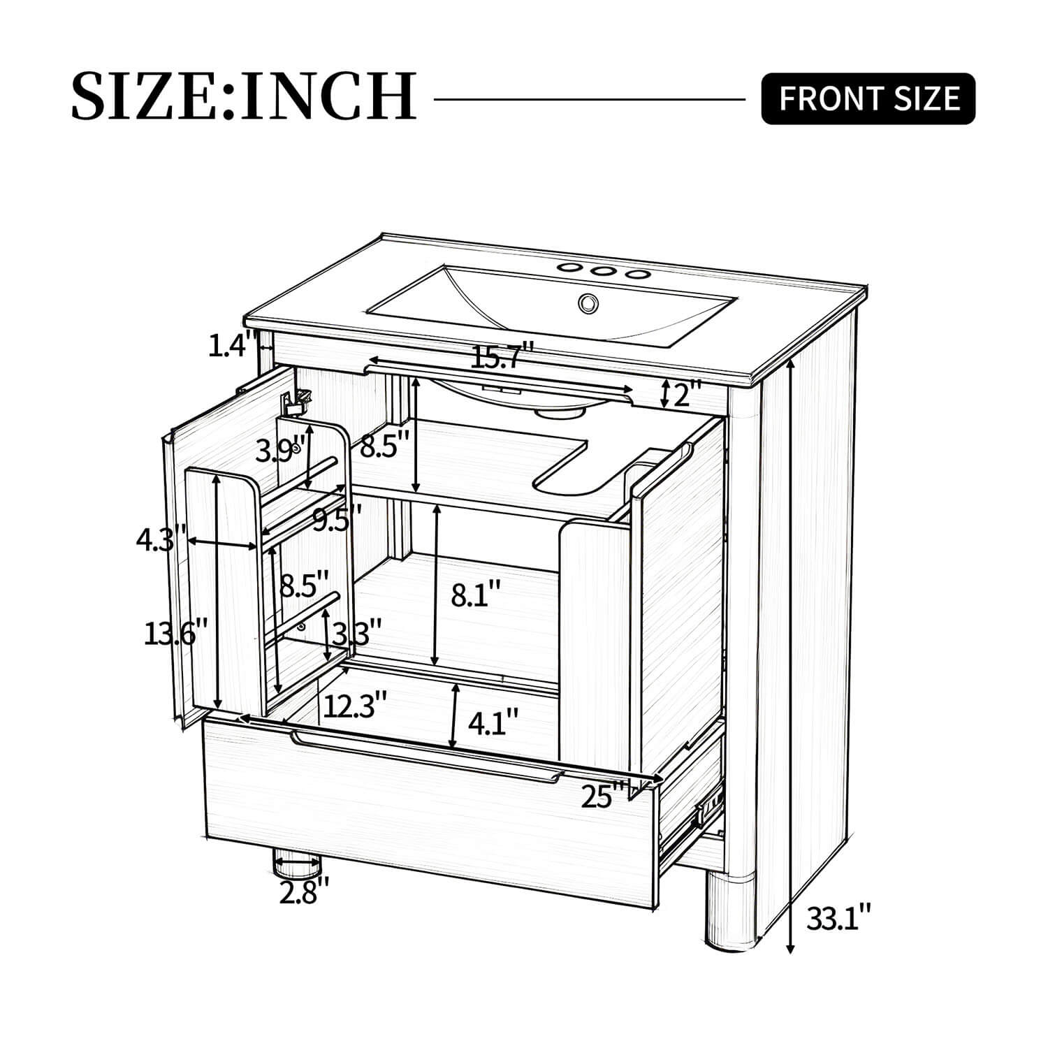 30 inch Bathroom vanity cabinet overall dimension diagram with measurements