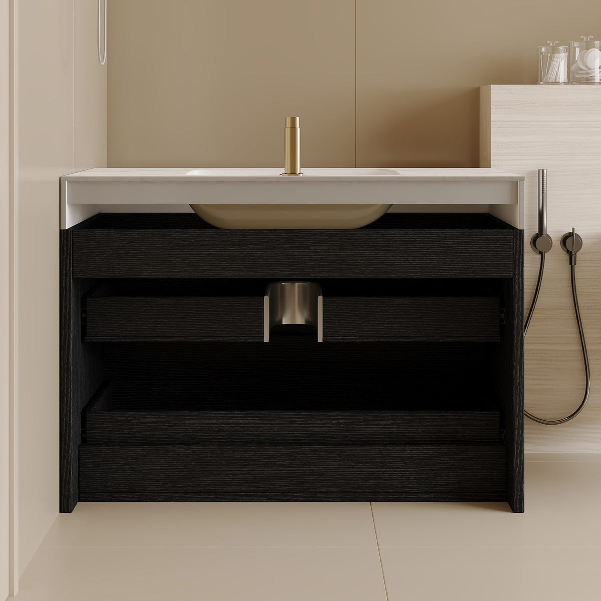 30 inch Black Bathroom Cabinet Open Back Structure with U-shaped Plumbing Slot