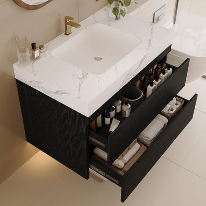 30 inch Black Floating Bathroom Vanity Double Drawers Storage Capacity View