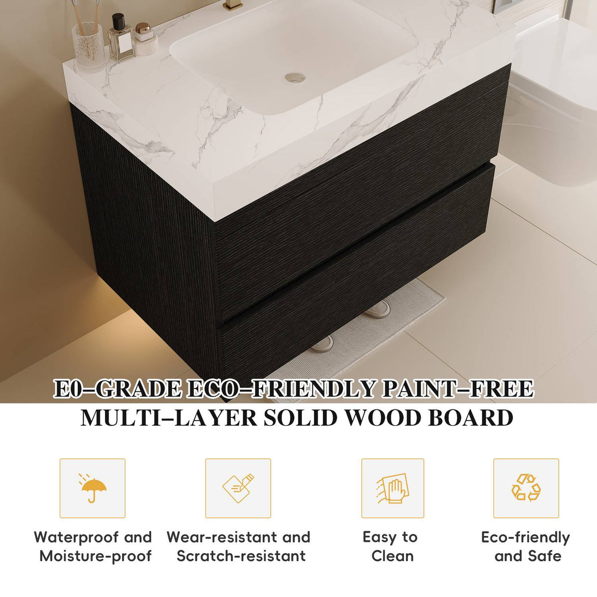 30 inch Black Floating Bathroom Vanity Eco-Friendly Multi-Layer Solid Wood Features