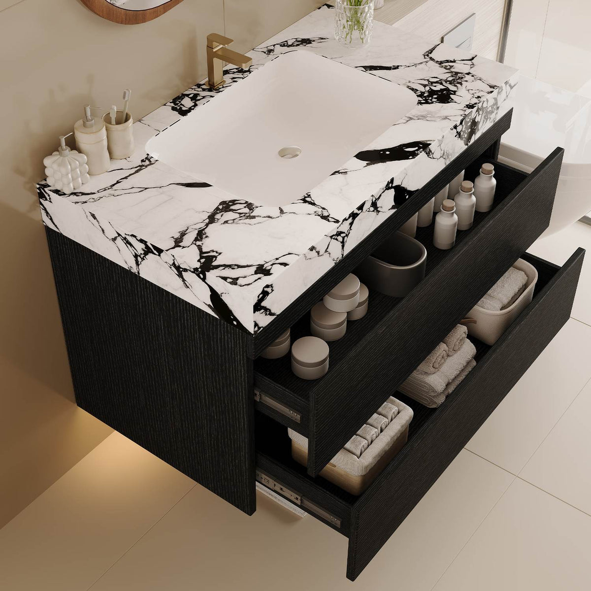 30 inch Black Floating Bathroom Vanity Pulled Out 2 Drawers Storage View
