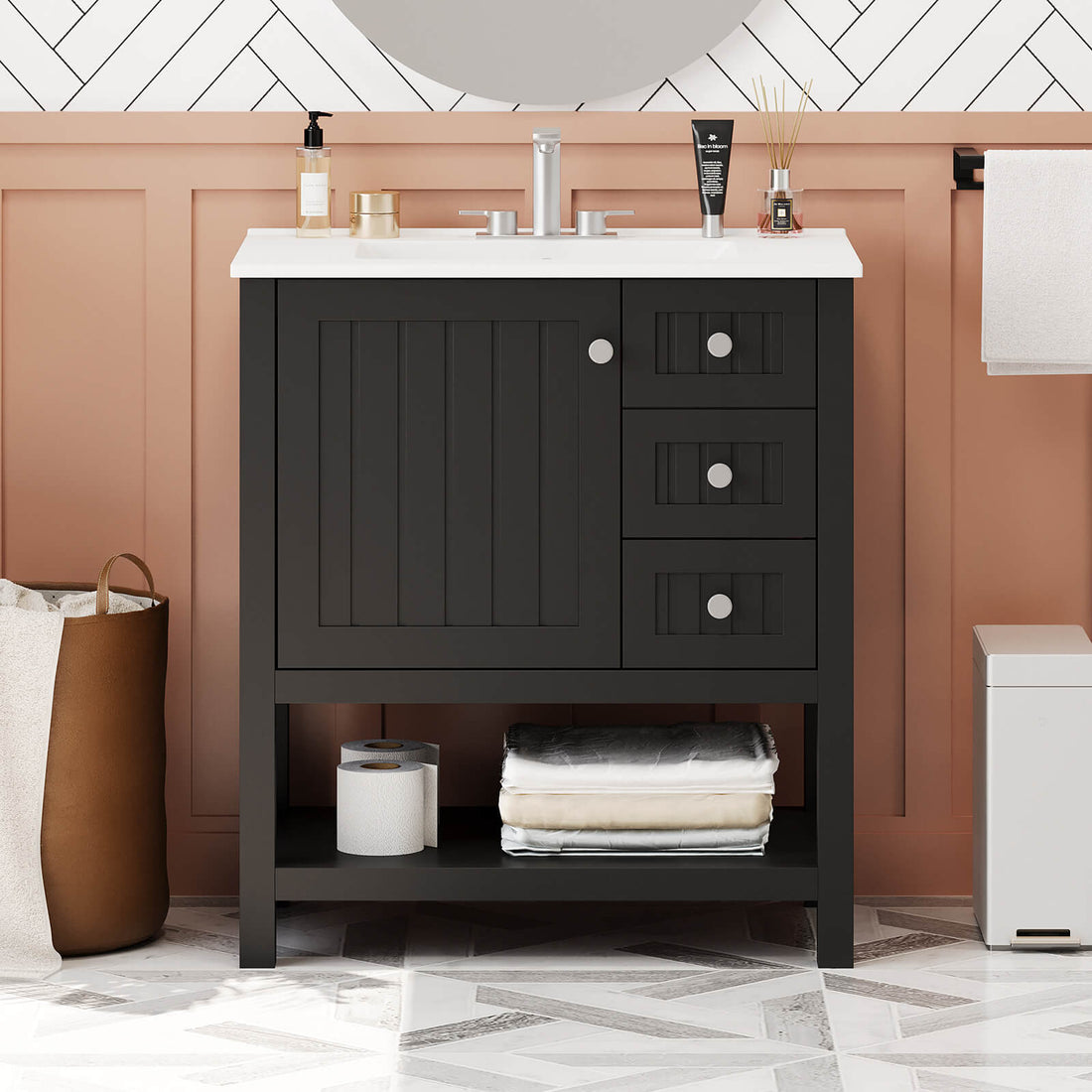 30 inch Black Freestanding Bathroom Vanity with Open Shelves