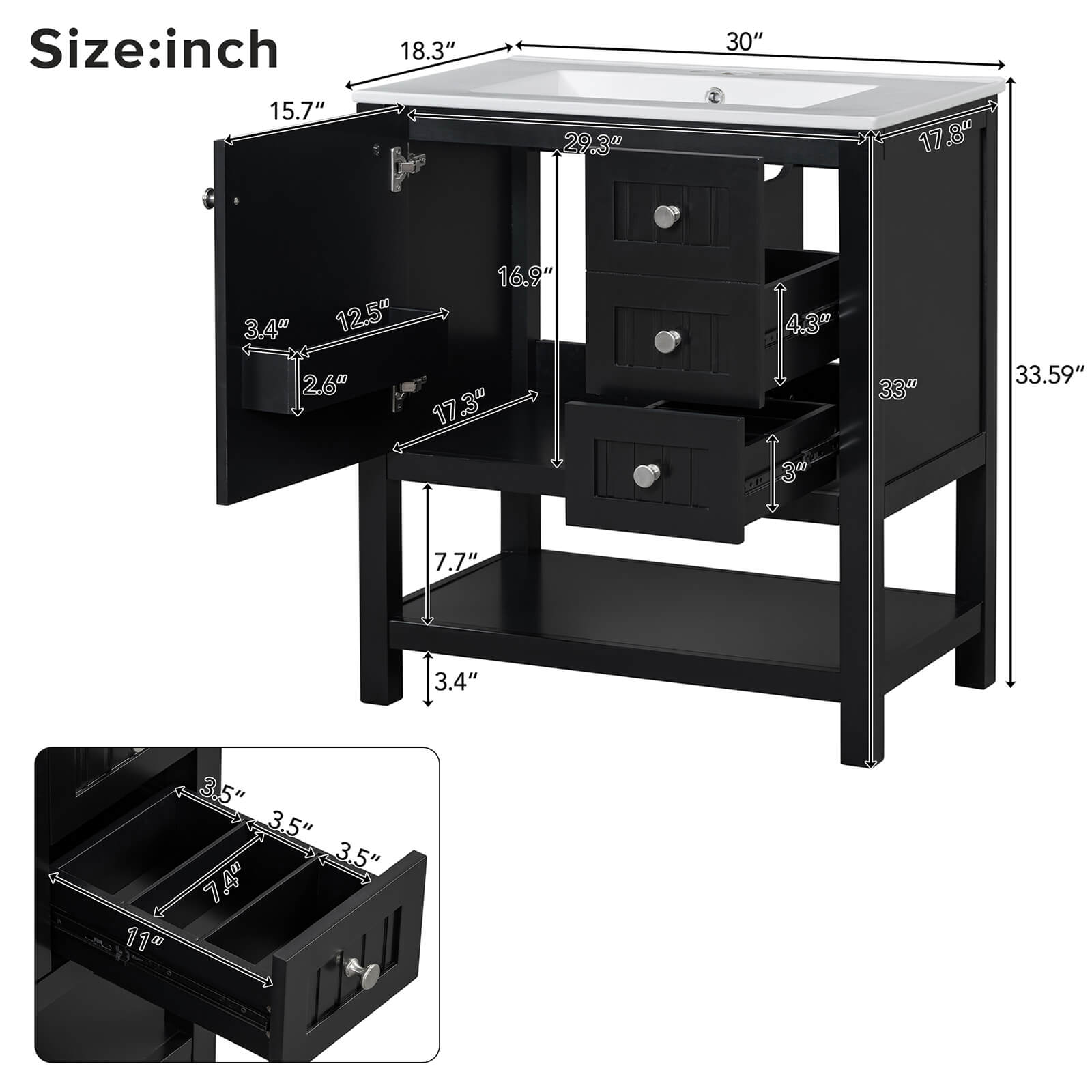 30 inch Black Freestanding Bathroom Vanity with Open Shelves Dimensions and Specifications