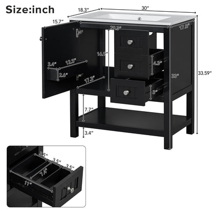 30 inch Black Freestanding Bathroom Vanity with Open Shelves Dimensions and Specifications