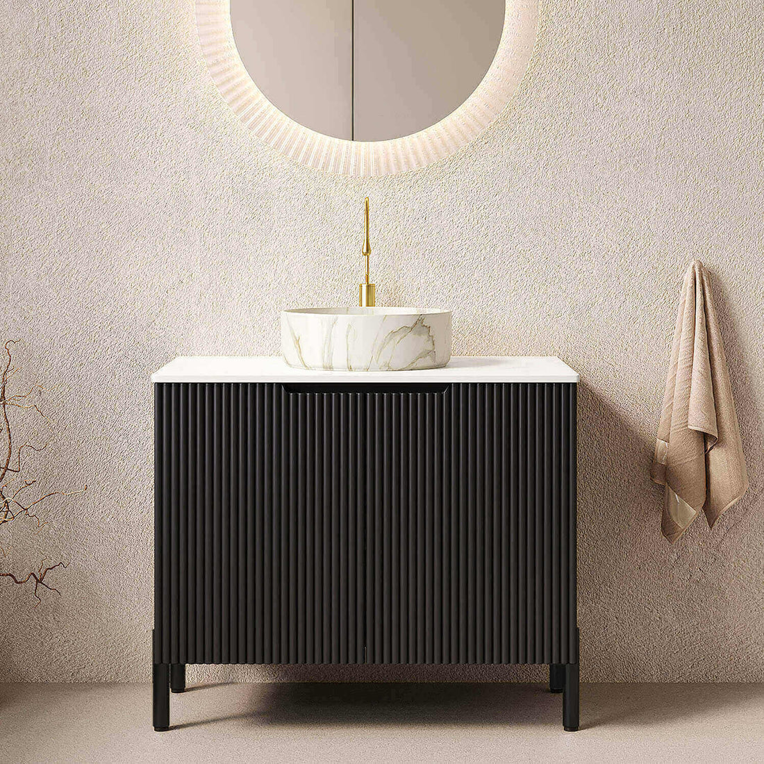 30 inch Black Freestanding Vanity with Stone-Patterned Vessel Sink