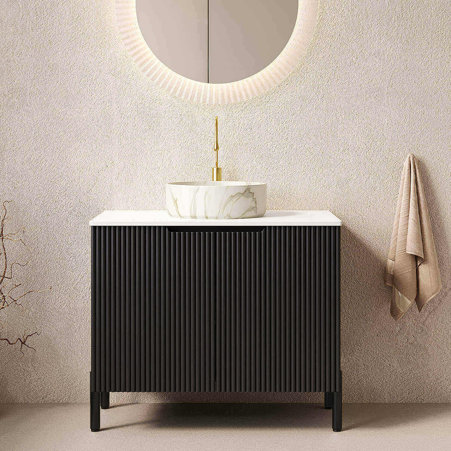 30 inch Black Freestanding Vanity with Stone-Patterned Vessel Sink