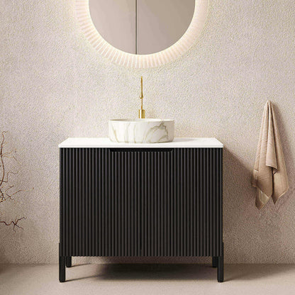 30 inch Black Freestanding Vanity with Stone-Patterned Vessel Sink