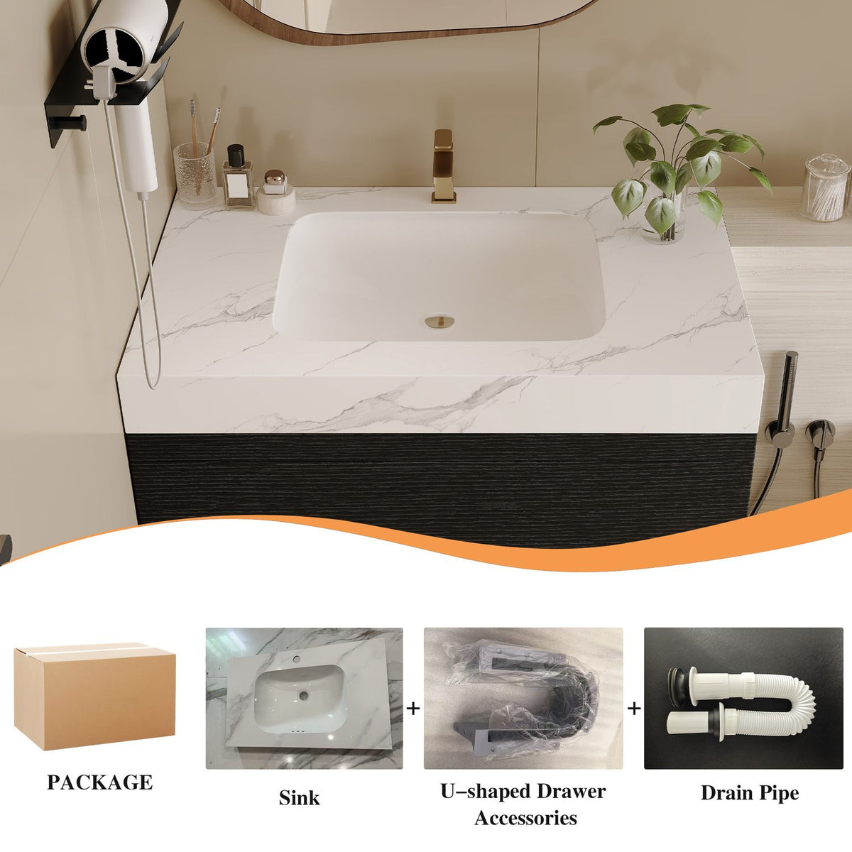 30 inch Black Wall-Mounted Bathroom Vanity Packaging and Hardware Accessories Breakdown