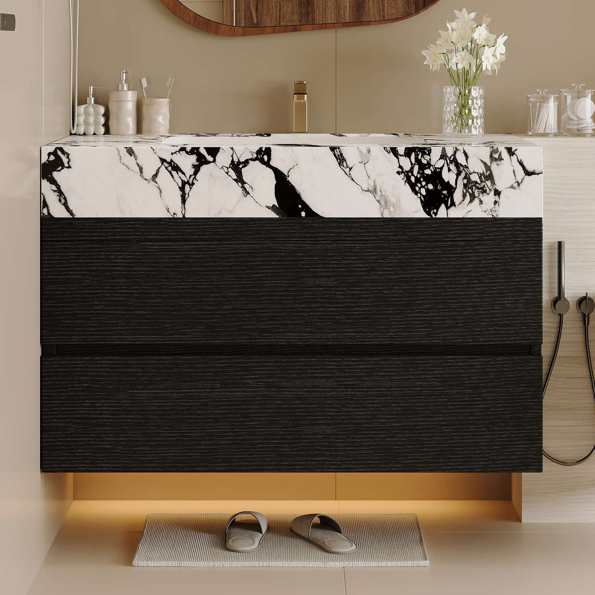 30 inch Black Wall Mounted Bathroom Vanity Front View Ambient Lighting