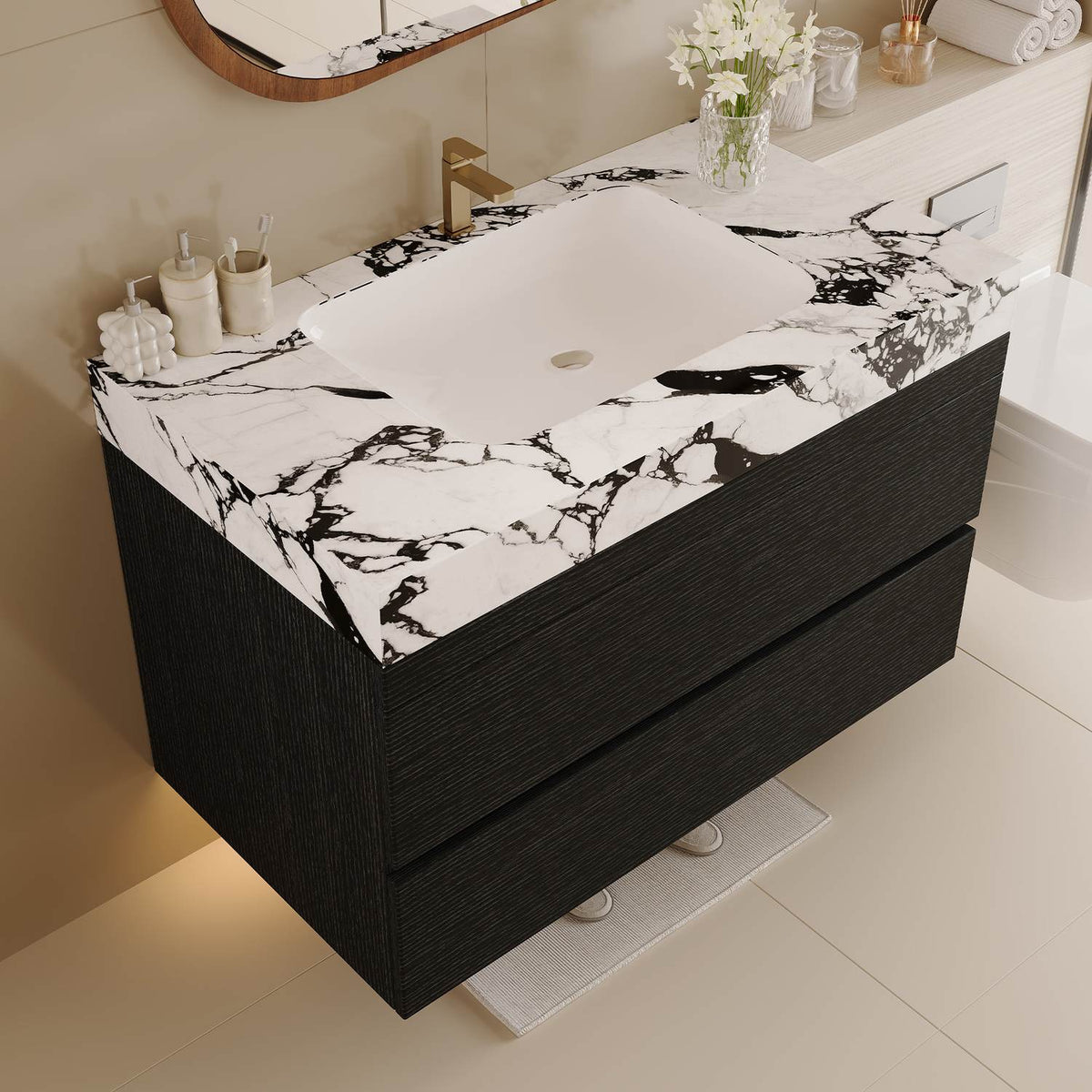 30 inch Black Wall Mounted Cabinet Elevated Corner View Faux Marble Top