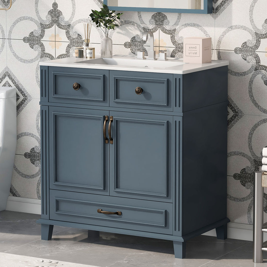30 inch Blue-Gray Single Sink Bathroom Vanity with Bottom Drawer