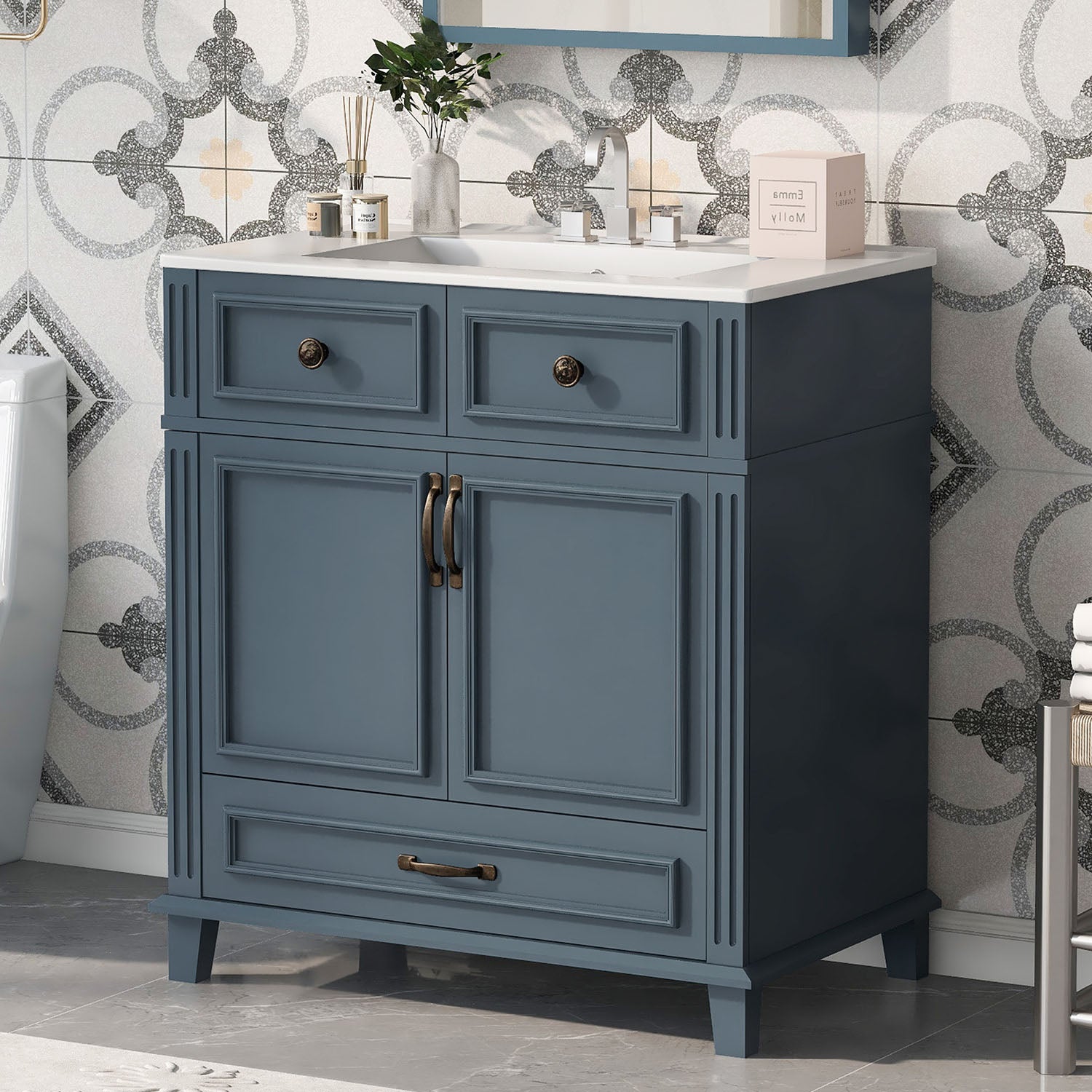 30 inch Blue-Gray Single Sink Bathroom Vanity with Bottom Drawer