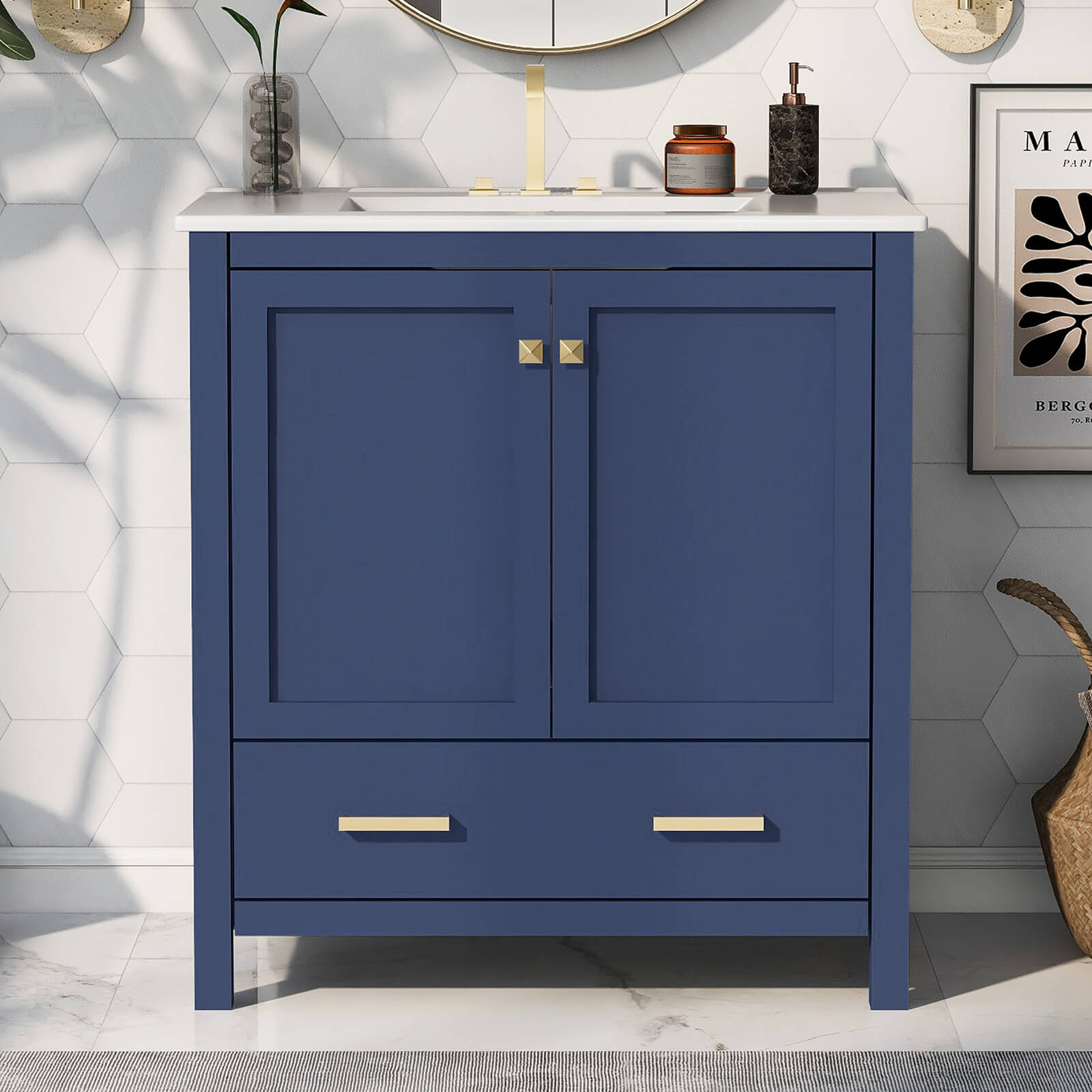 30'' Blue Bathroom Vanity with Built-In Shelf - Giving Tree
