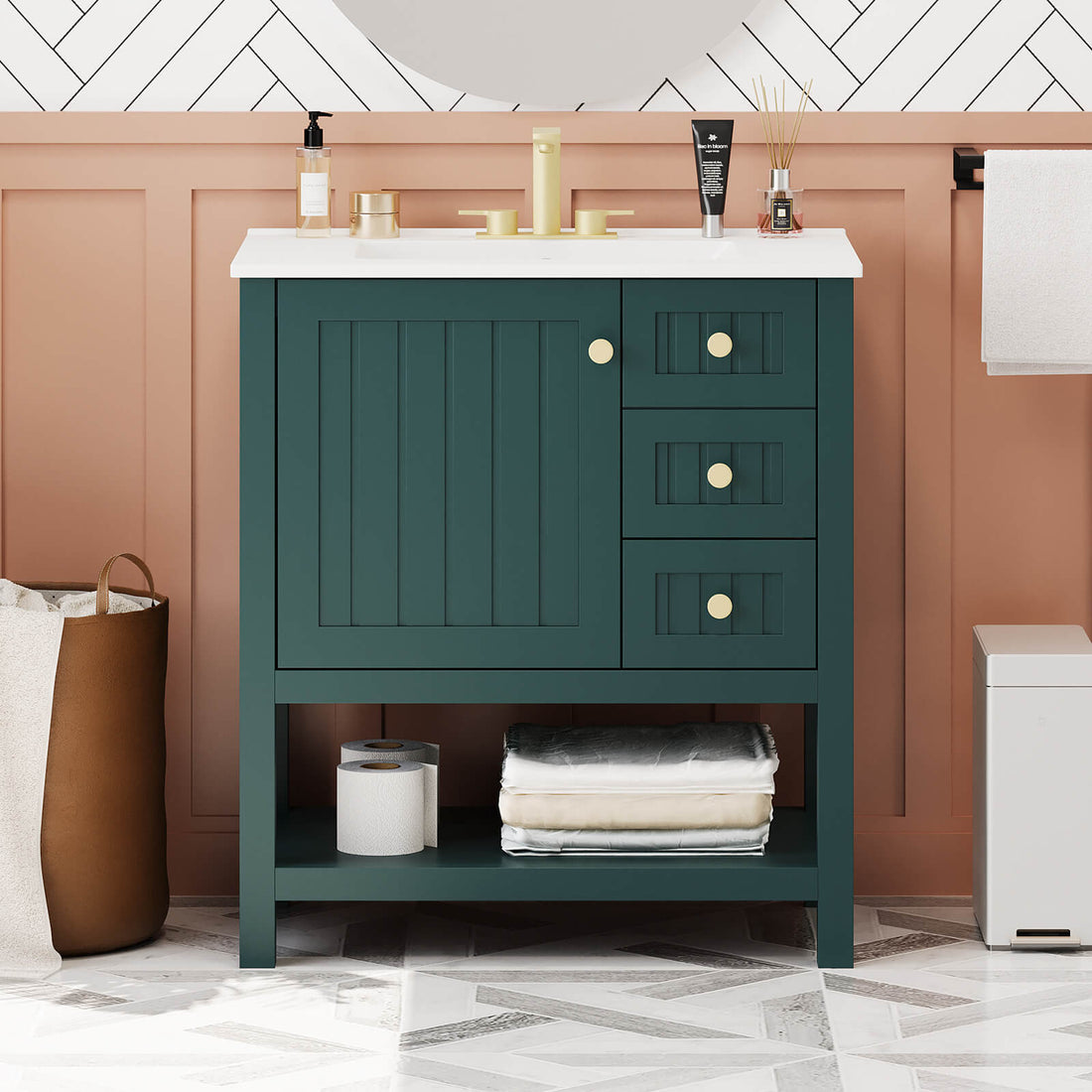 30 inch Deep Green Freestanding Bathroom Vanity with Open Shelves