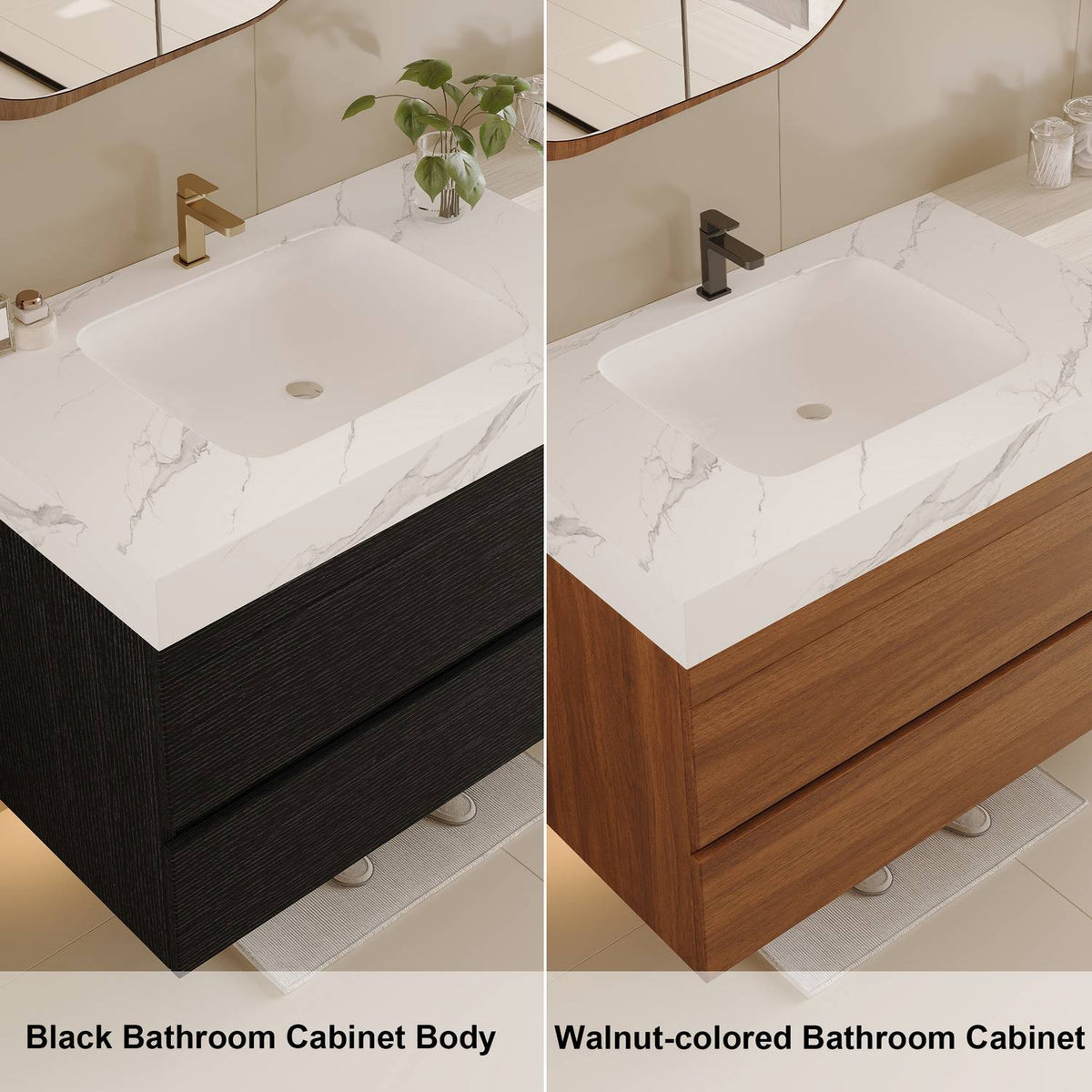 30 inch Floating Bathroom Cabinet Black and Walnut Finish Comparison