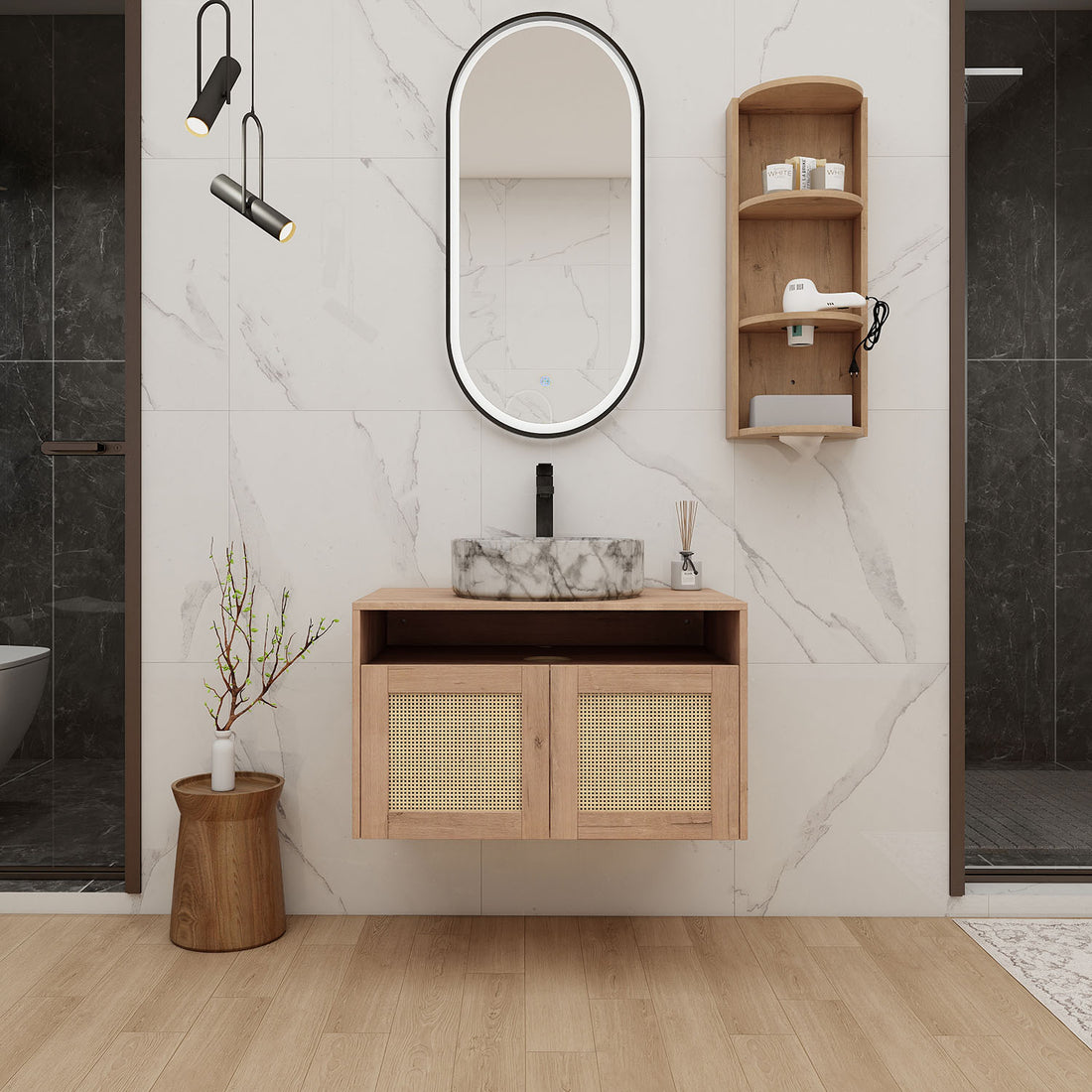 30 inch Floating Vanity with Marble-Veined Ceramic Sink and 12 inch Wall Storage Cabinet