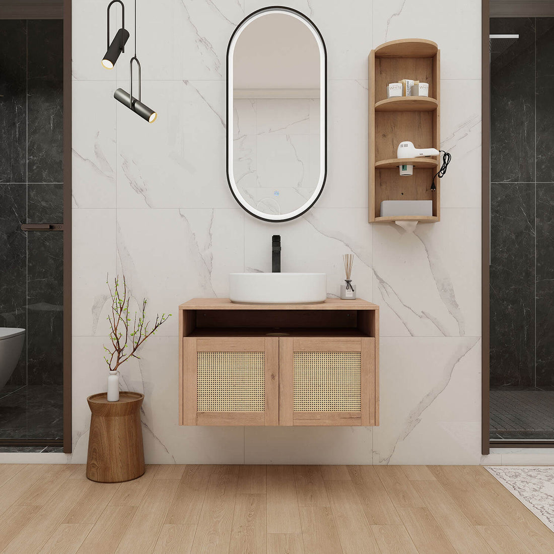 30 inch Floating Vanity with White Ceramic Sink and 12 inch Wall Storage Cabinet