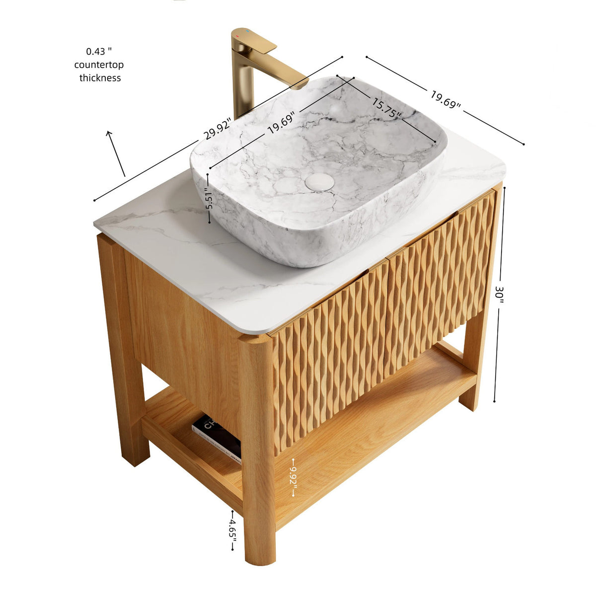 30 inch Fluted Bathroom Vanity Dimensions with Marble Ceramic Vessel Sink and White Sintered Stone Countertop Measurements