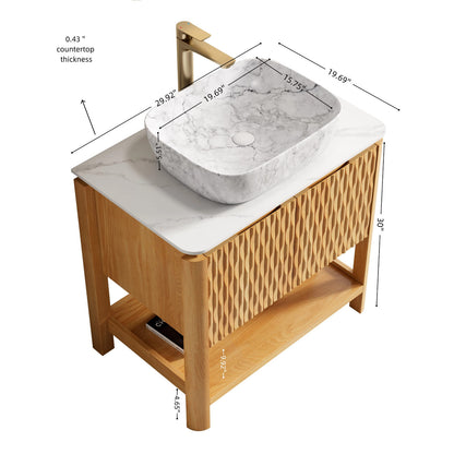 30 inch Fluted Bathroom Vanity Dimensions with Marble Ceramic Vessel Sink and White Sintered Stone Countertop Measurements