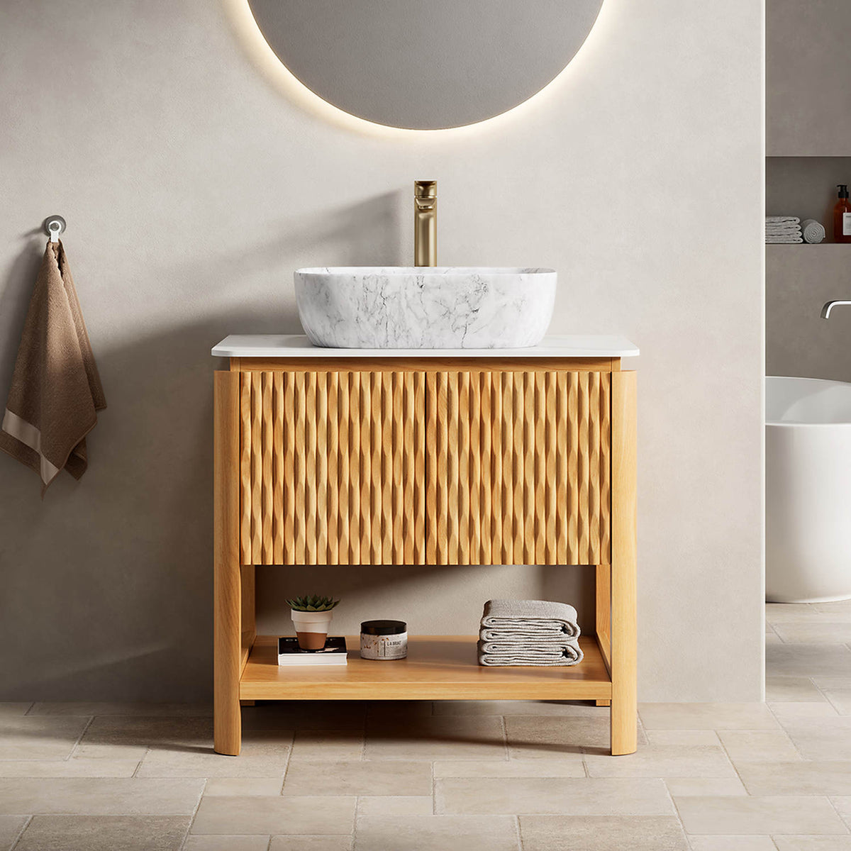 30 inch Freestanding White Oak Bathroom Vanity with Fluted Doors and Open Bottom Storage Shelf
