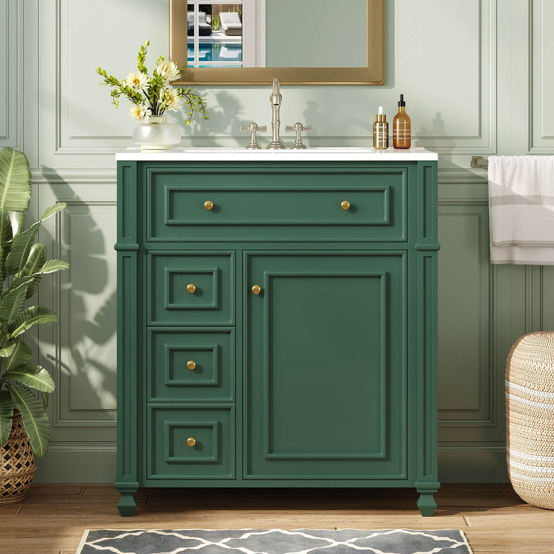 30 inch Green Bathroom Vanity with Ceramic Basin