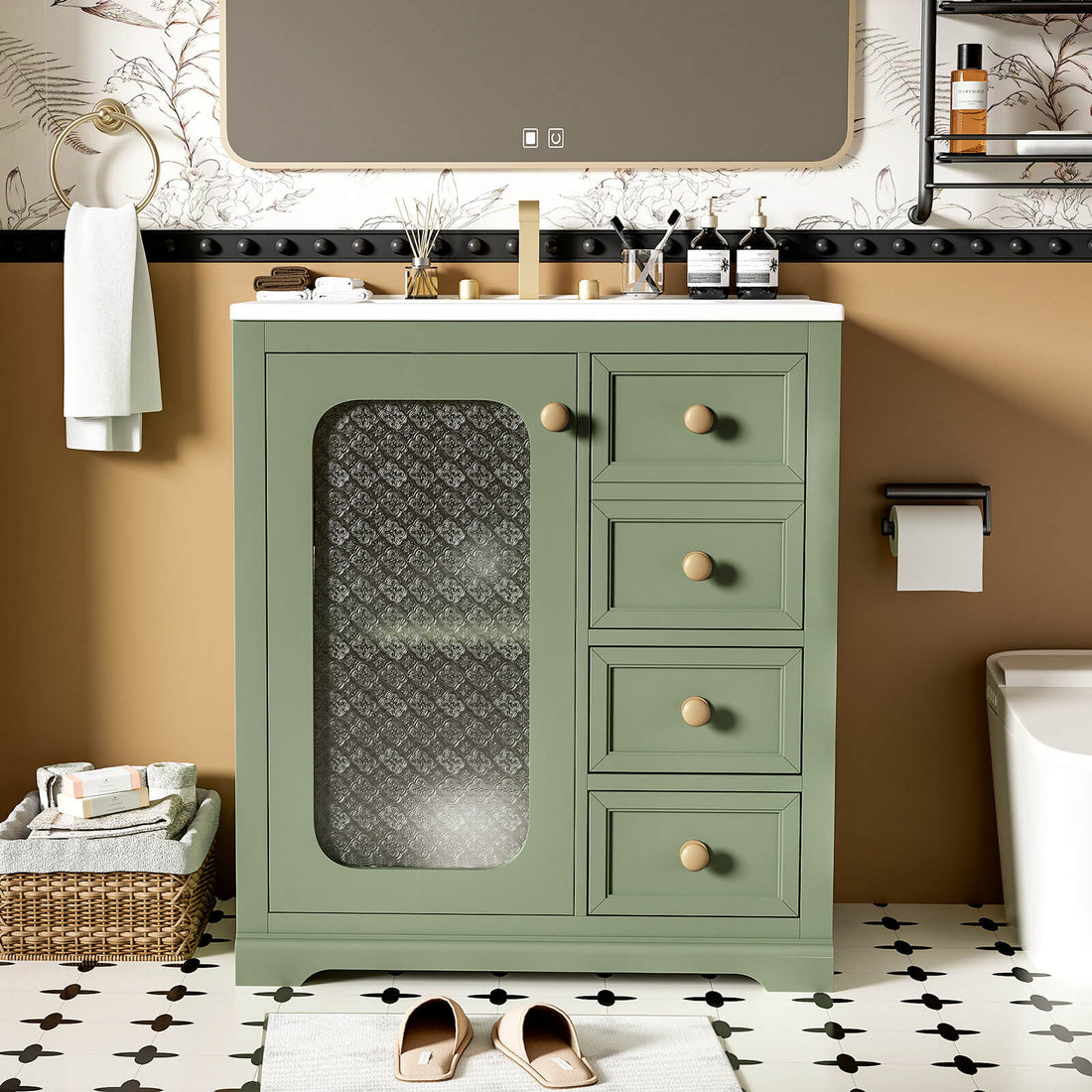 30 inch Green Bathroom Vanity with Frosted Glass Door