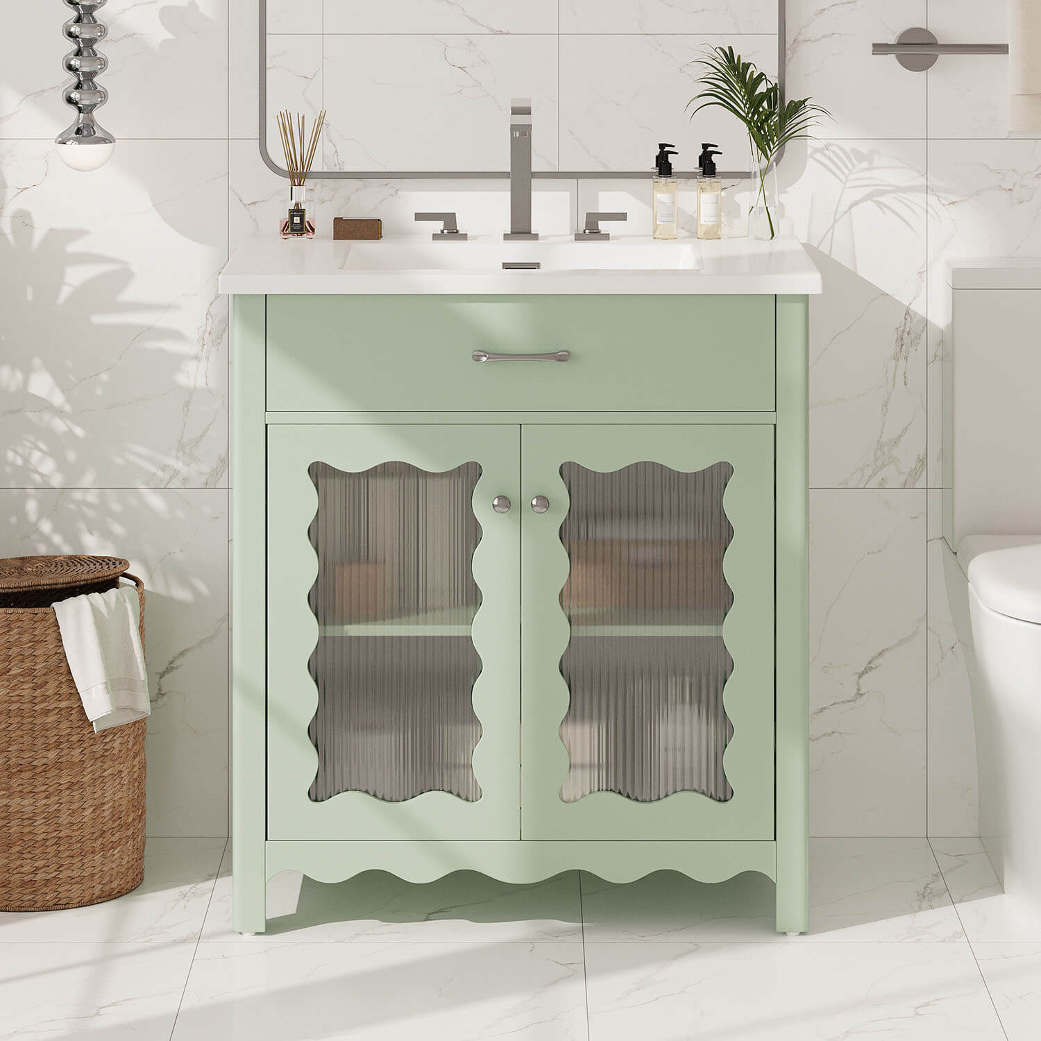 30 inch Modern Green Bathroom Vanity with Tempered Glass Door