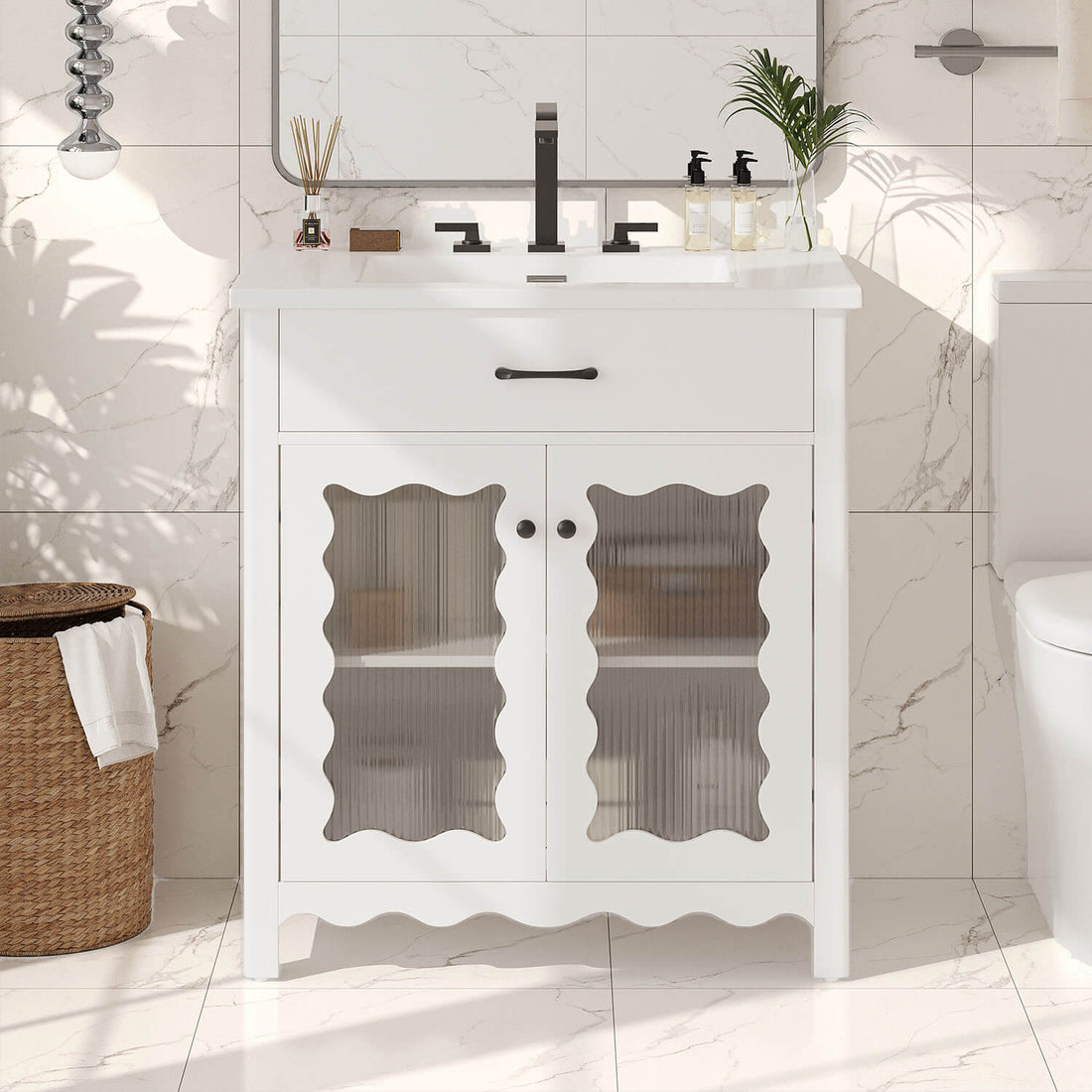 30 inch Modern White Bathroom Vanity with Tempered Glass Door