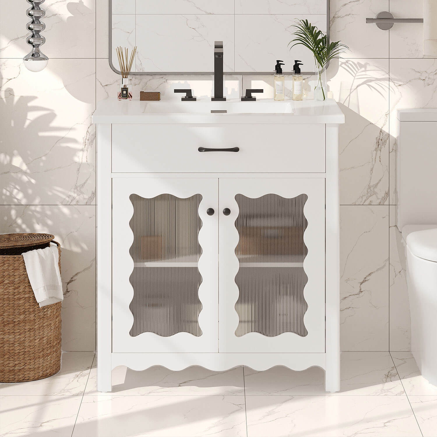 30 inch Modern White Bathroom Vanity with Tempered Glass Door
