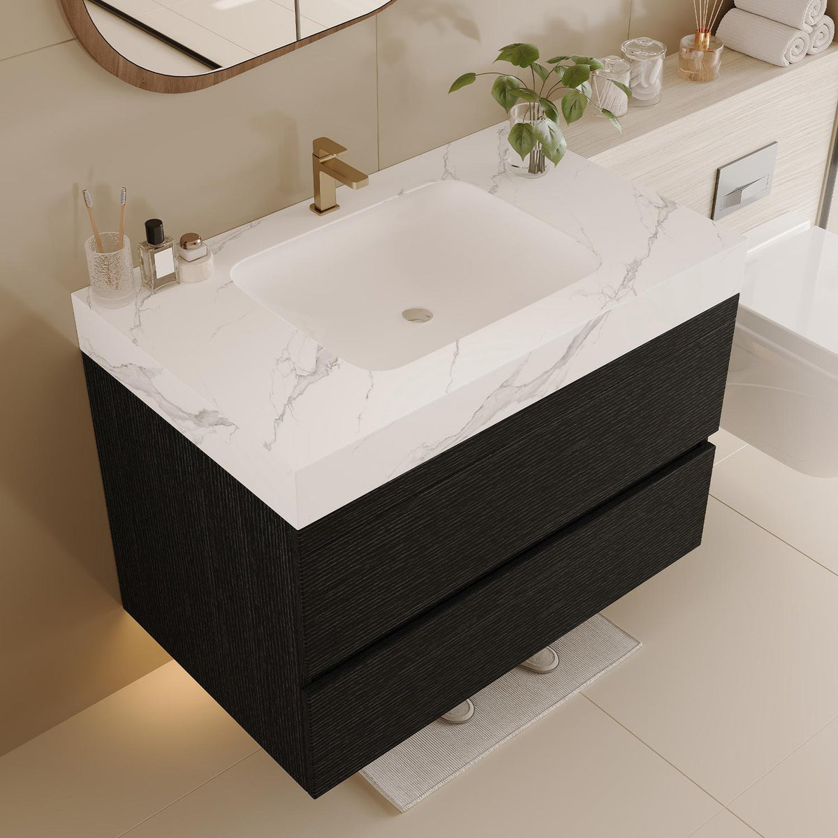 30 inch Wall-Mounted Vanity with Faux Marble Countertop High Angle View