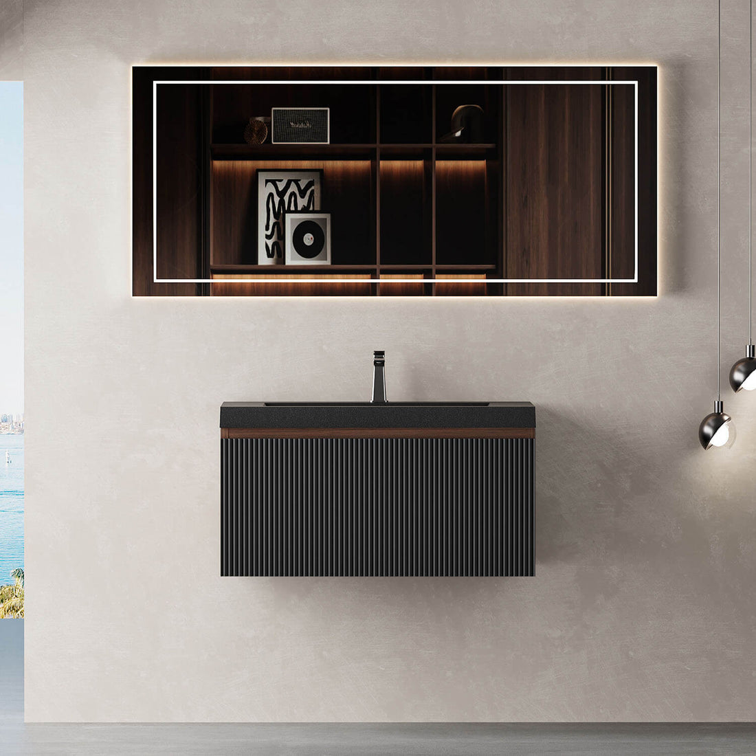 30 inch Walnut &amp; Black Fluted Design Floating Vanity with Single-Hole Quartz Sand Sink