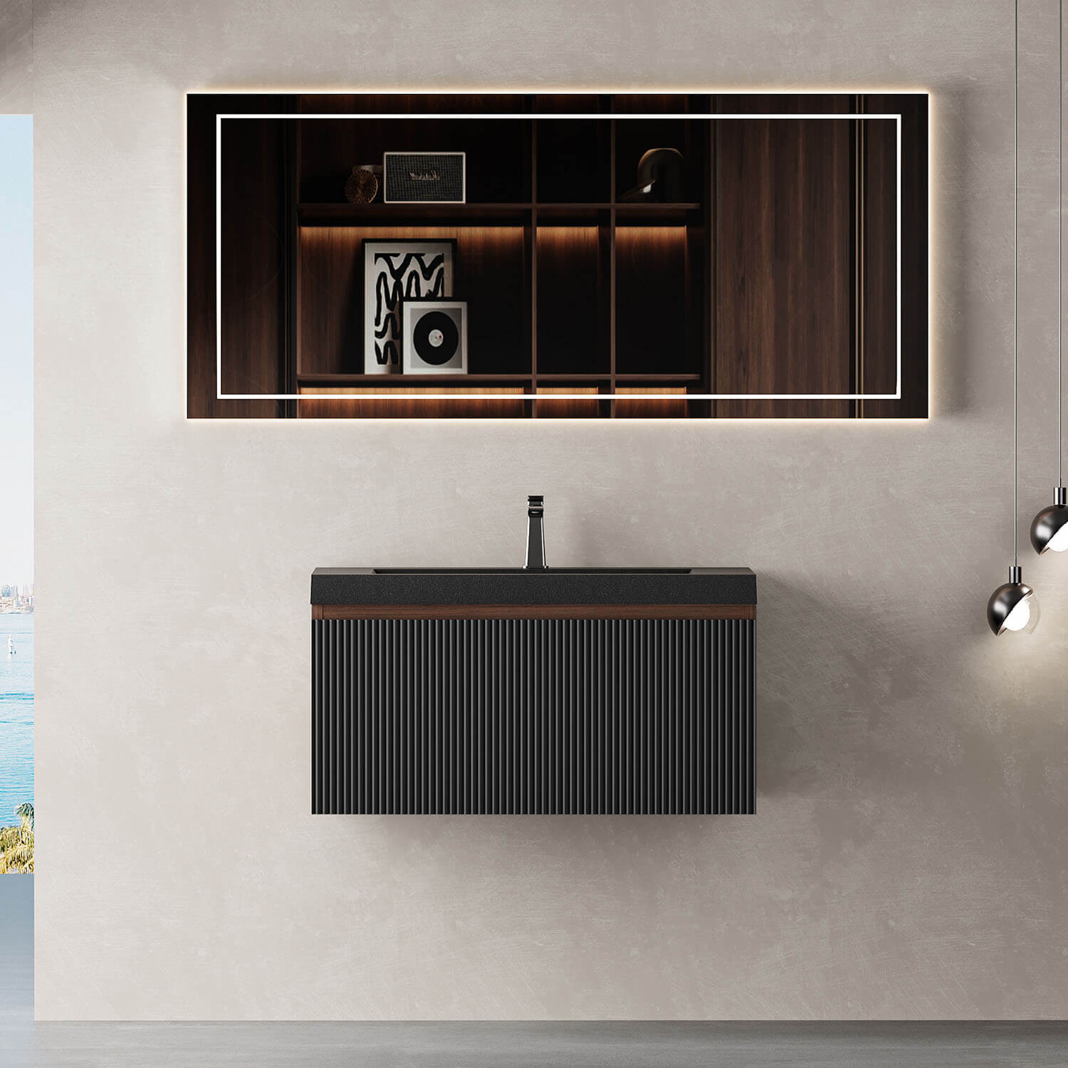 30 inch Walnut &amp; Black Fluted Design Floating Vanity with Single-Hole Quartz Sand Sink