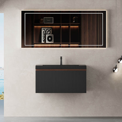 30 inch Walnut &amp; Black Fluted Design Floating Vanity with Single-Hole Quartz Sand Sink