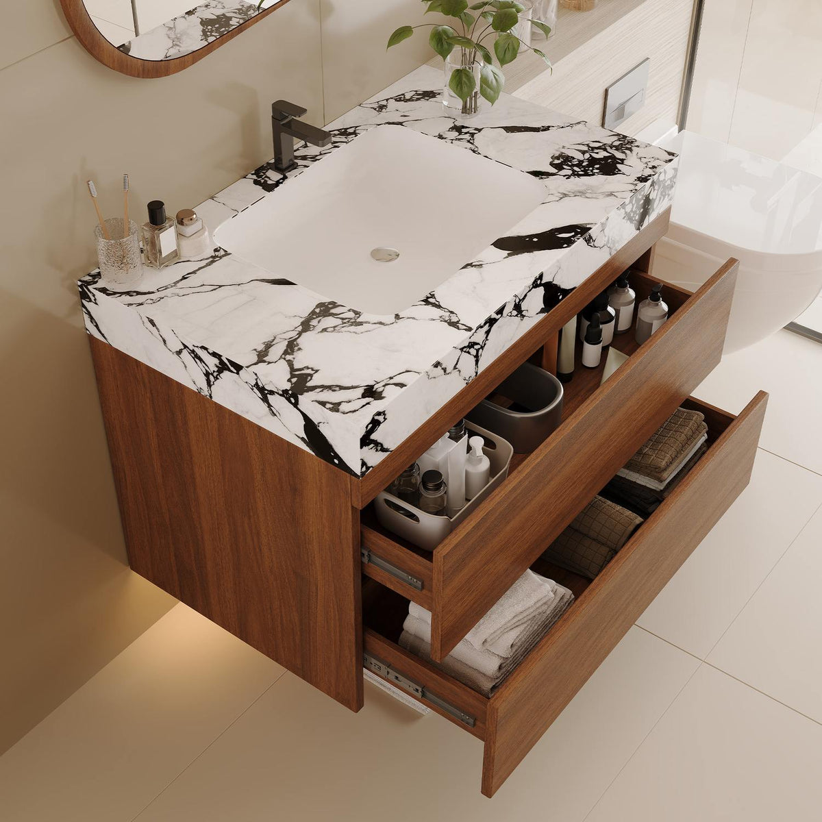 30 inch Walnut Floating Bathroom Vanity Open Double Drawers Storage Organization