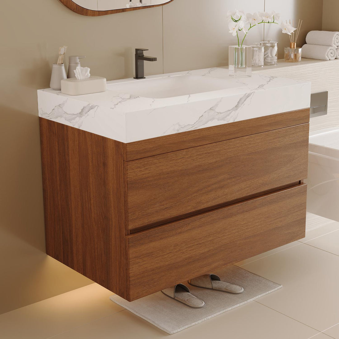 30 inch Walnut Floating Bathroom Vanity Side Angle Perspective View